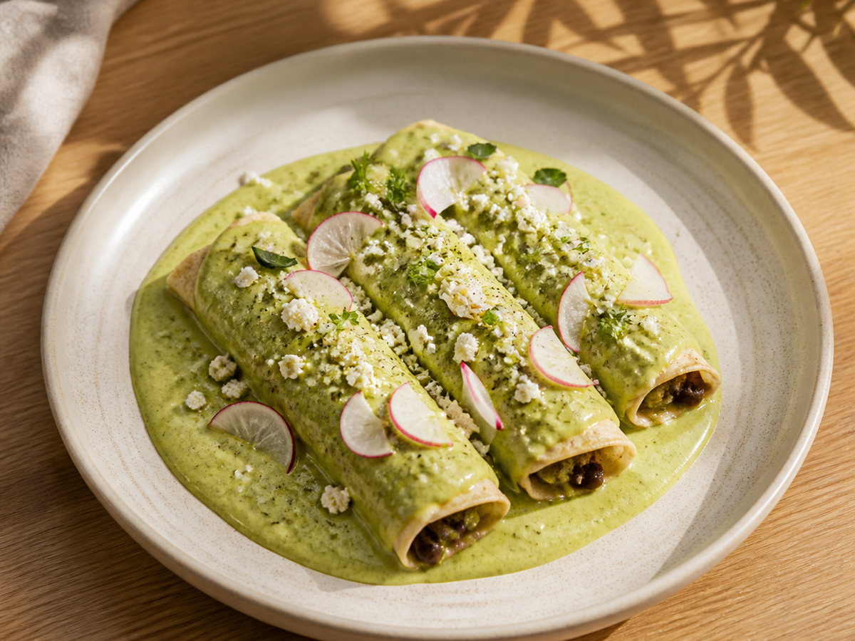 Enchiladas verdes con rábano